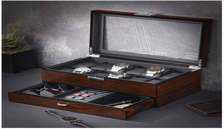 Elegant luxury watch display case showcasing exquisite timepieces with sophistication and style.