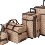 A luxurious designer luggage sets displayed against a backdrop of a sophisticated travel scene.