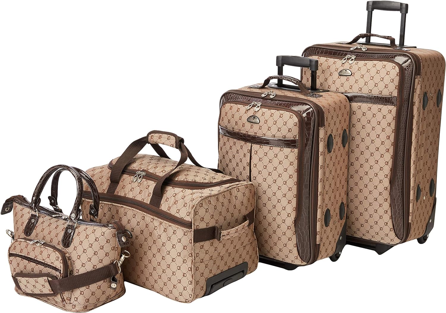 A luxurious designer luggage sets displayed against a backdrop of a sophisticated travel scene.