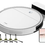 Comfortable living space with a smart robot vacuum cleaner.