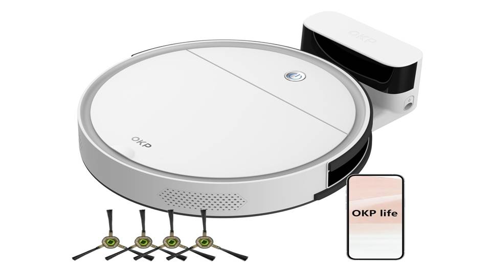 Comfortable living space with a smart robot vacuum cleaner.