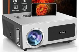 Compact smart mini projectors casting vibrant images on a screen, illustrating its portability and advanced technology in a modern setting.